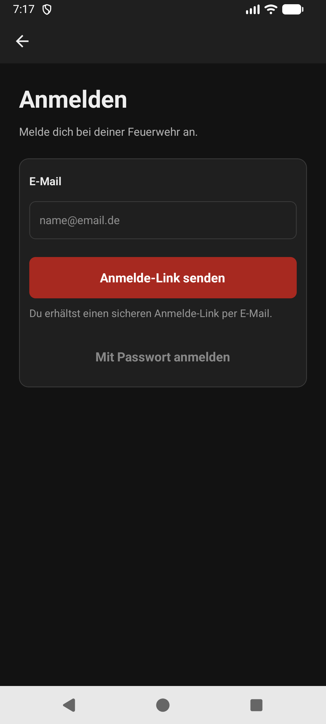 Android Login in Wehrkalender mit E-Mail-Link