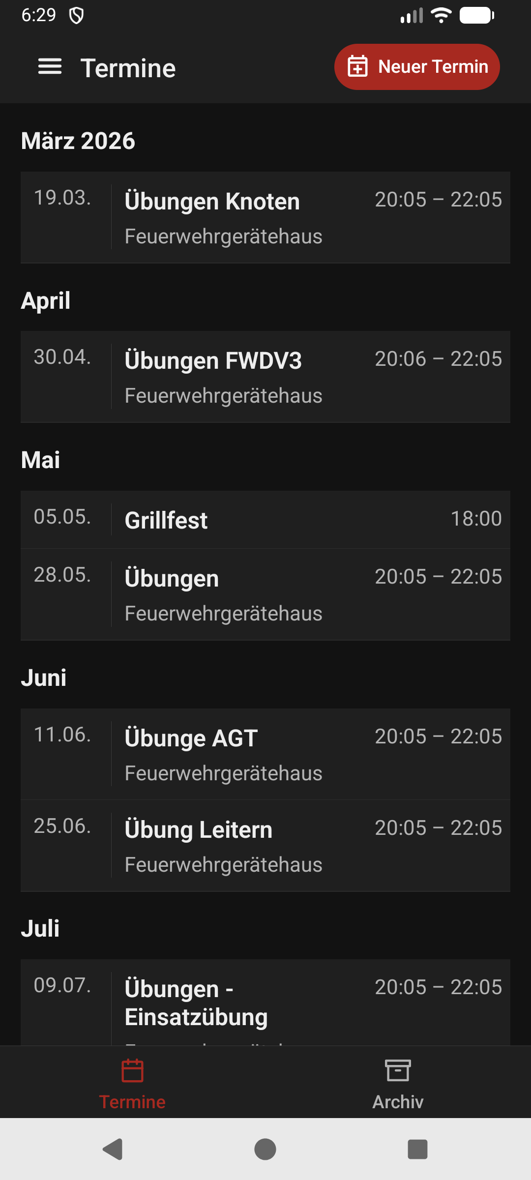 Wehrkalender App mit Terminübersicht