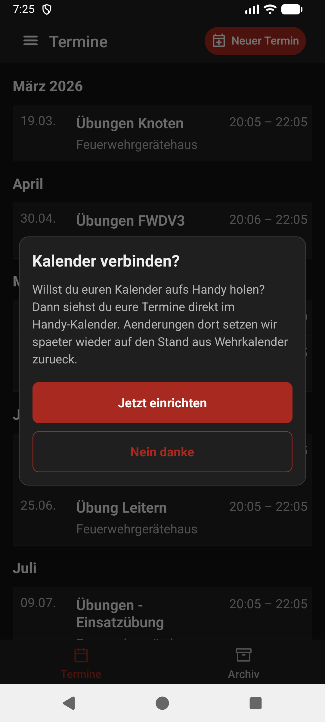 Android Hinweis Kalender verbinden in Wehrkalender