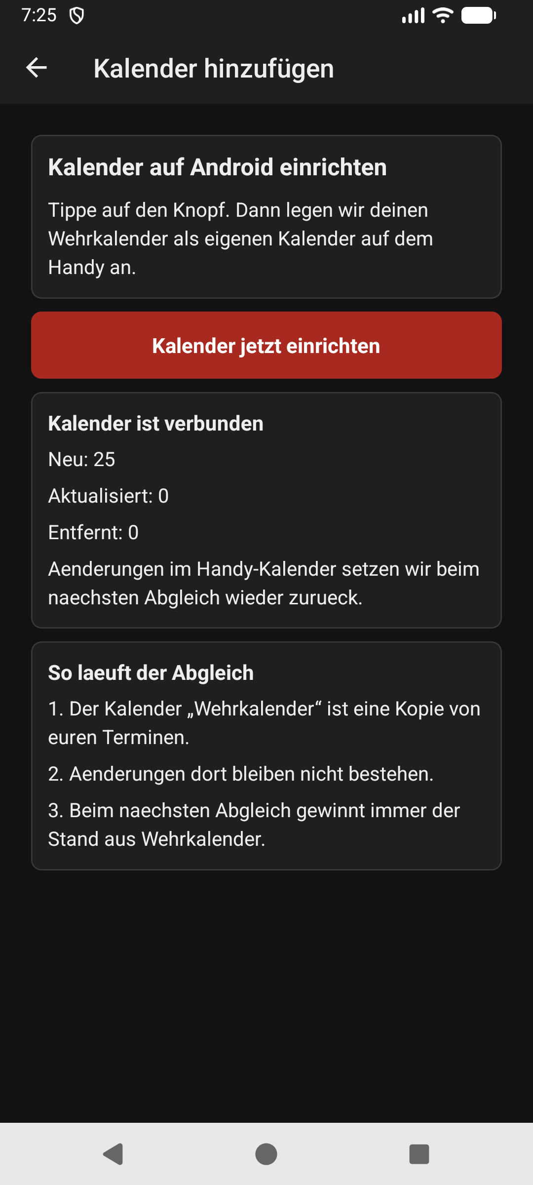 Android Erfolgsmeldung Kalender ist verbunden in Wehrkalender