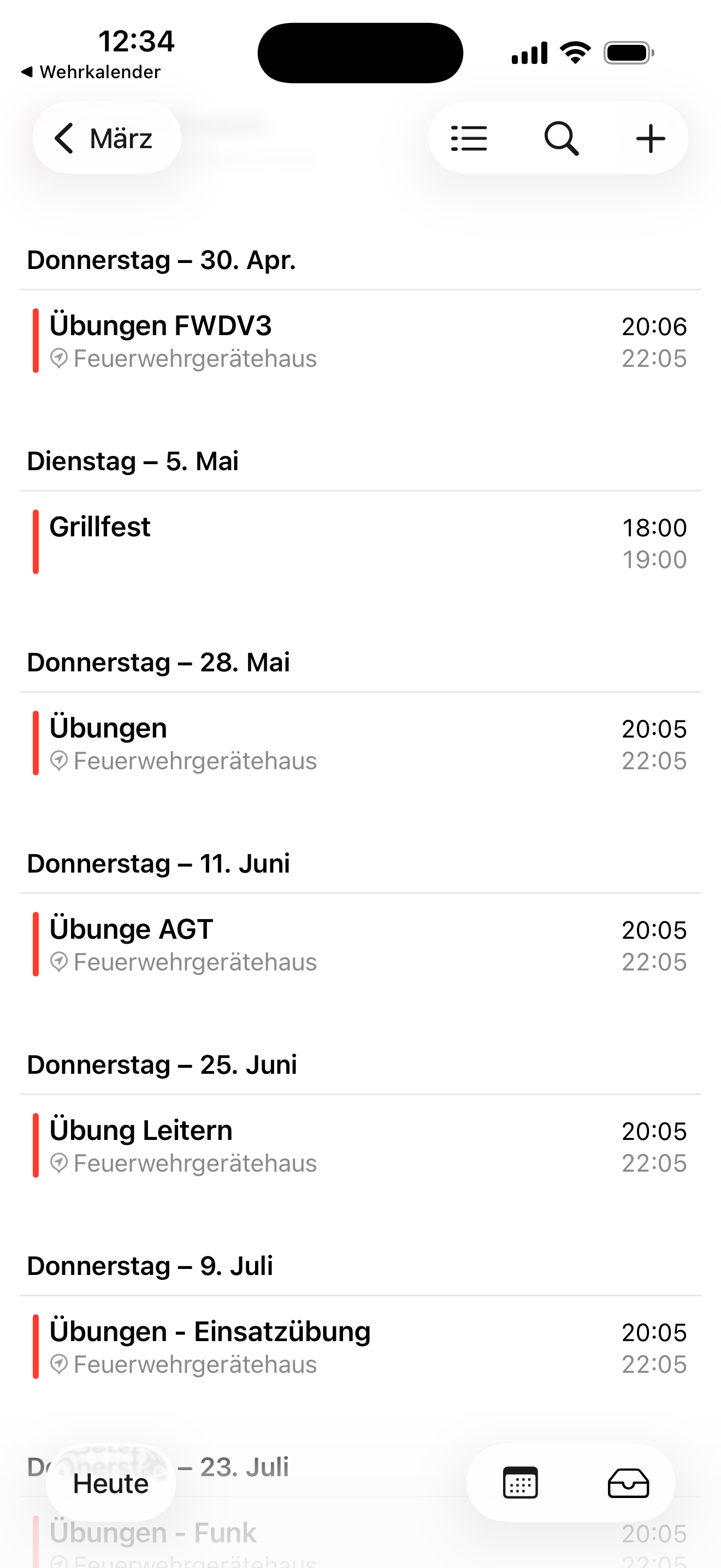 iPhone Kalender mit Feuerwehr Terminen aus Wehrkalender