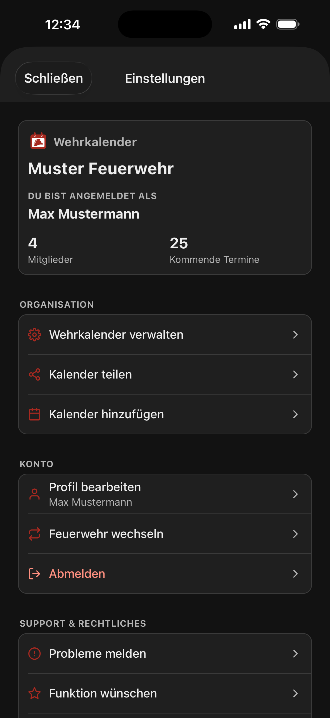 iPhone Einstellungen in Wehrkalender mit sichtbarem Punkt Kameraden einladen