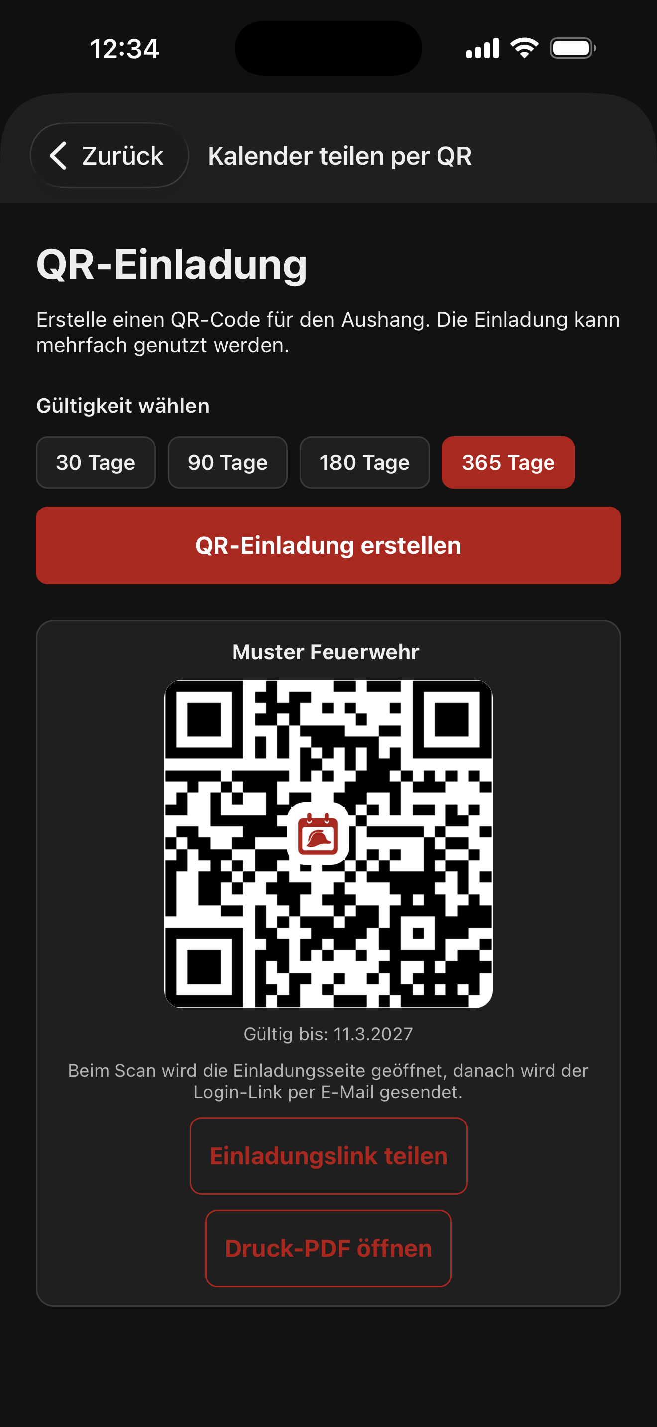 Fertiger QR-Code in der Wehrkalender App auf dem iPhone